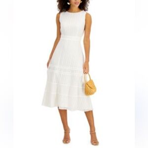 Taylor White Sleeveless Embroidered Midi Dress Lace Inserts Size 10